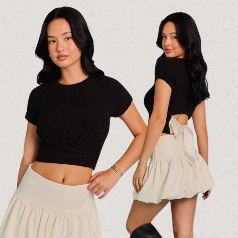 Knit Crop Top with Tie Back Satin Bow